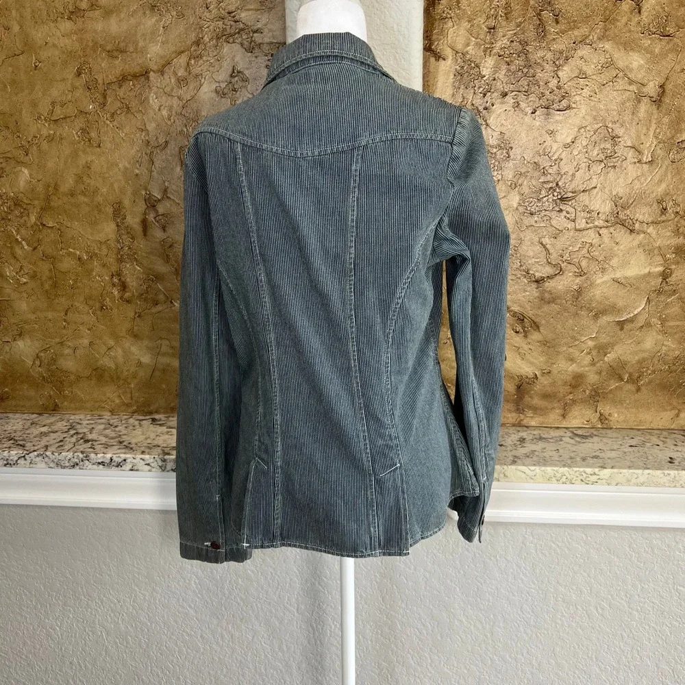 VINTAGE OshKosh Blazer Women‎ Medium Blue Hickory Stripe Denim Railroad 90s Y2K